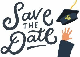 Save the Date words beside a cartoon hand throwing up a grad cap